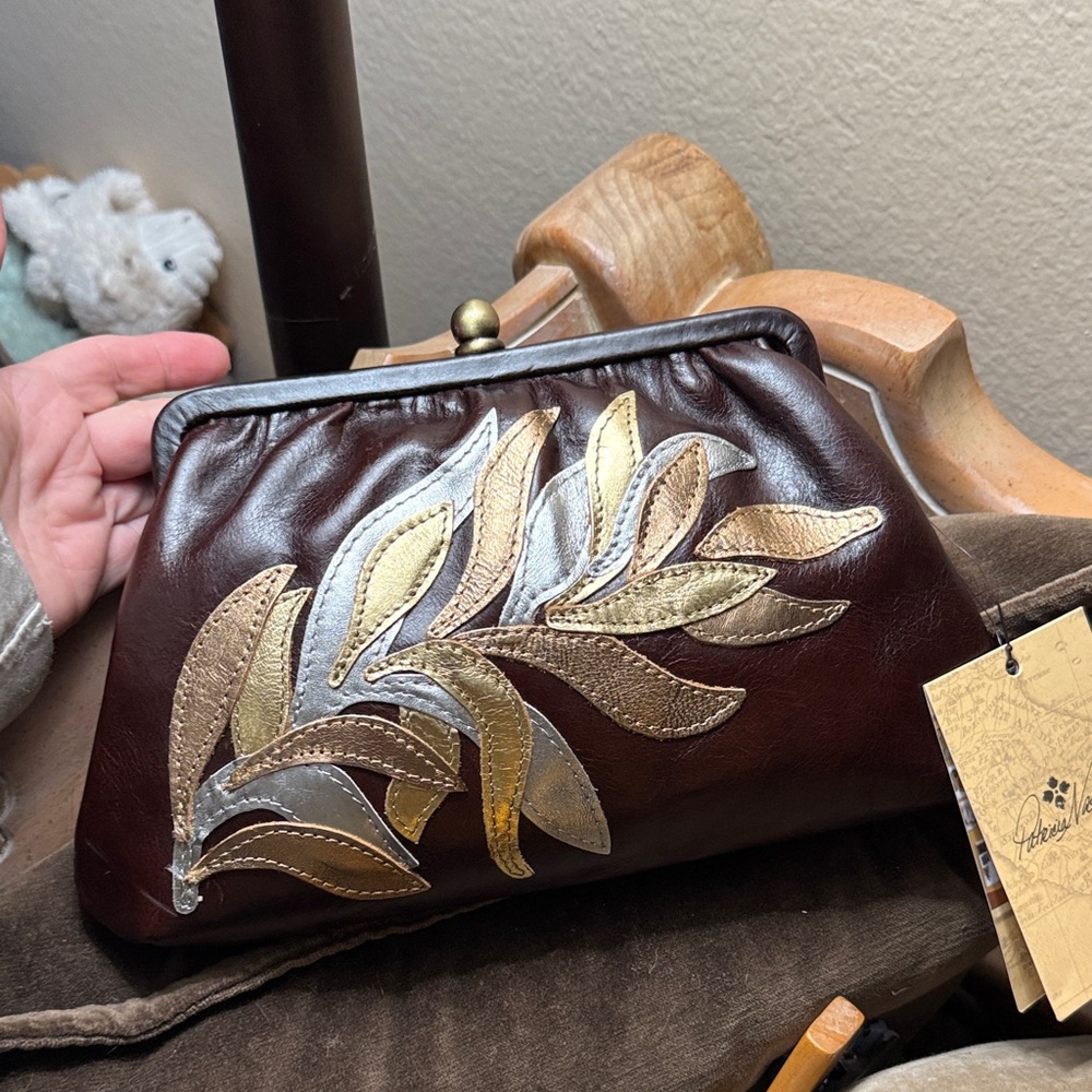 Patricia Nash Brown Clutch with Gold and Silver Leaf Design